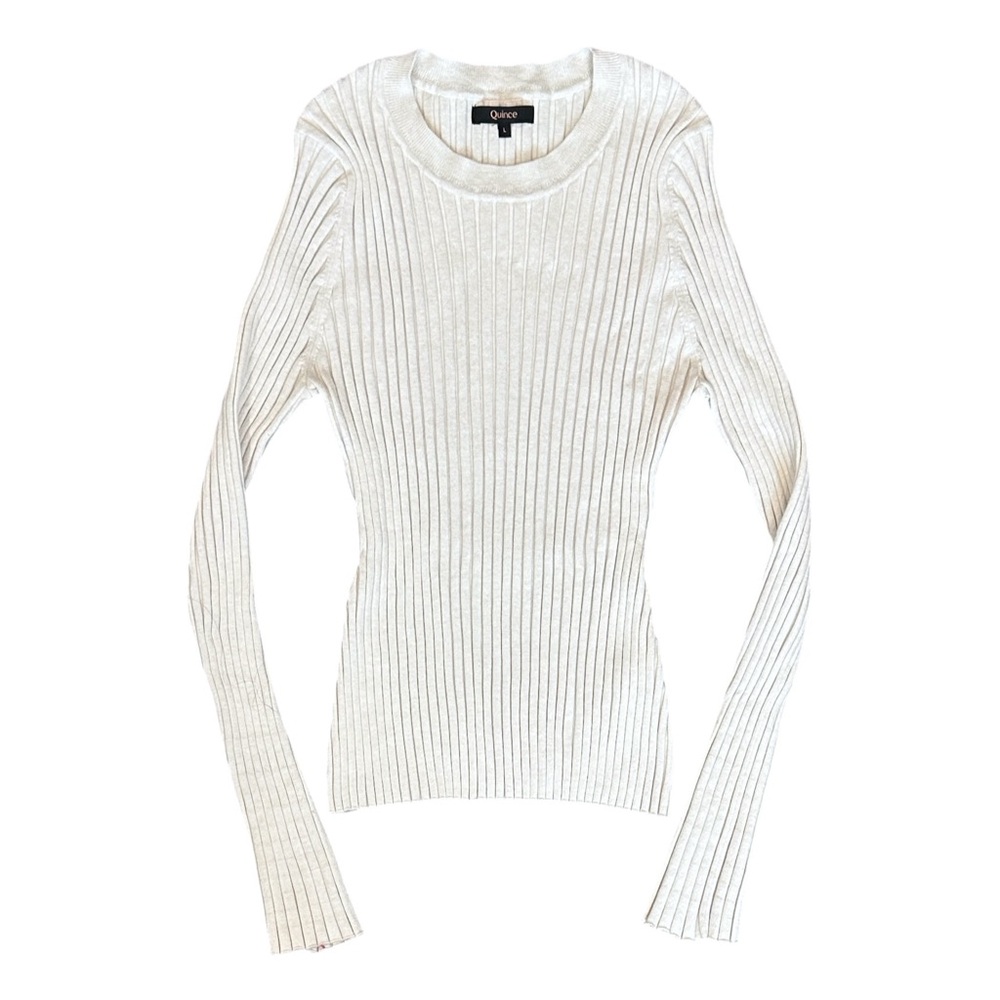 Quince Cotton Cashmere Ribbed Long Sleeve Sweater Heather Bone Cream Women Large - Picture 3 of 7